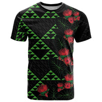 Hawaiian Green Kakau Art Tattoo-Ohia Lehua and Taro Leaves T Shirt LT03 Black-Green - Polynesian Pride