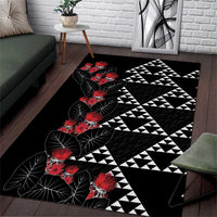 Hawaiian White Kakau Art Tattoo-Ohia Lehua and Taro Leaves Area Rug LT03 Black-White - Polynesian Pride