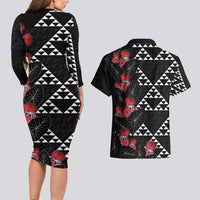 Hawaiian White Kakau Art Tattoo-Ohia Lehua and Taro Leaves Couples Matching Long Sleeve Bodycon Dress and Hawaiian Shirt