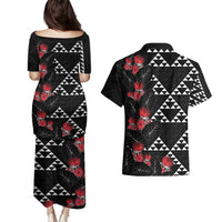 Hawaiian White Kakau Art Tattoo-Ohia Lehua and Taro Leaves Couples Matching Puletasi and Hawaiian Shirt LT03 - Polynesian Pride