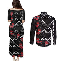 Hawaiian White Kakau Art Tattoo-Ohia Lehua and Taro Leaves Couples Matching Puletasi and Long Sleeve Button Shirt LT03 - Polynesian Pride