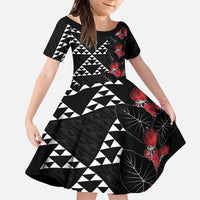 Hawaiian White Kakau Art Tattoo-Ohia Lehua and Taro Leaves Family Matching Puletasi and Hawaiian Shirt LT03 Daughter's Dress Black-White - Polynesian Pride