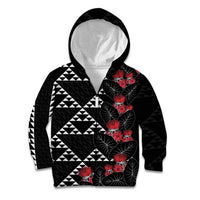 Hawaiian White Kakau Art Tattoo-Ohia Lehua and Taro Leaves Kid Hoodie LT03 Zip Hoodie Black-White - Polynesian Pride