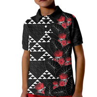 Hawaiian White Kakau Art Tattoo-Ohia Lehua and Taro Leaves Kid Polo Shirt LT03 Kid Black-White - Polynesian Pride