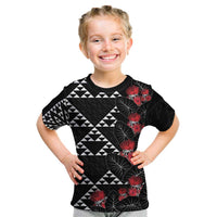 Hawaiian White Kakau Art Tattoo-Ohia Lehua and Taro Leaves Kid T Shirt LT03 Black-White - Polynesian Pride