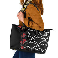 Hawaiian White Kakau Art Tattoo-Ohia Lehua and Taro Leaves Leather Tote Bag LT03 Black-White - Polynesian Pride