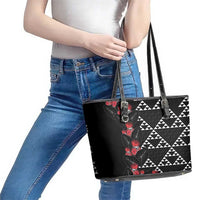 Hawaiian White Kakau Art Tattoo-Ohia Lehua and Taro Leaves Leather Tote Bag LT03 - Polynesian Pride