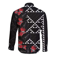 Hawaiian White Kakau Art Tattoo-Ohia Lehua and Taro Leaves Long Sleeve Button Shirt LT03 - Polynesian Pride