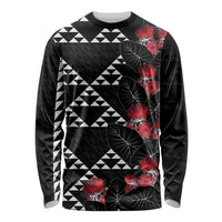Hawaiian White Kakau Art Tattoo-Ohia Lehua and Taro Leaves Long Sleeve Shirt LT03 Unisex Black-White - Polynesian Pride