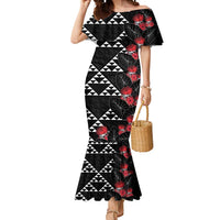 Hawaiian White Kakau Art Tattoo-Ohia Lehua and Taro Leaves Mermaid Dress LT03 Women Black-White - Polynesian Pride