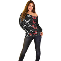 Hawaiian White Kakau Art Tattoo-Ohia Lehua and Taro Leaves Off Shoulder Sweater LT03 - Polynesian Pride