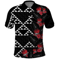 Hawaiian White Kakau Art Tattoo-Ohia Lehua and Taro Leaves Polo Shirt LT03 Black-White - Polynesian Pride