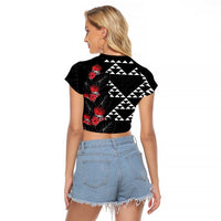 Hawaiian White Kakau Art Tattoo-Ohia Lehua and Taro Leaves Raglan Cropped T Shirt LT03 - Polynesian Pride