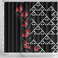 Hawaiian White Kakau Art Tattoo-Ohia Lehua and Taro Leaves Shower Curtain LT03 - Polynesian Pride