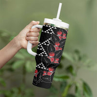 Hawaiian White Kakau Art Tattoo-Ohia Lehua and Taro Leaves Tumbler With Handle LT03 - Polynesian Pride