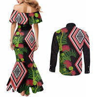 Aotearoa Tukutuku Motif Couples Matching Mermaid Dress and Long Sleeve Button Shirt Pohutukawa and Fern Leaves LT03 - Polynesian Pride