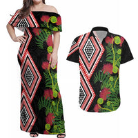 Aotearoa Tukutuku Motif Couples Matching Off Shoulder Maxi Dress and Hawaiian Shirt Pohutukawa and Fern Leaves LT03 Black - Polynesian Pride