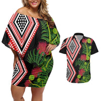 Aotearoa Tukutuku Motif Couples Matching Off Shoulder Short Dress and Hawaiian Shirt Pohutukawa and Fern Leaves LT03 Black - Polynesian Pride