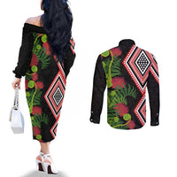 Aotearoa Tukutuku Motif Couples Matching Off The Shoulder Long Sleeve Dress and Long Sleeve Button Shirt Pohutukawa and Fern Leaves LT03 - Polynesian Pride
