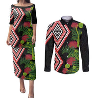 Aotearoa Tukutuku Motif Couples Matching Puletasi and Long Sleeve Button Shirt Pohutukawa and Fern Leaves LT03 Black - Polynesian Pride