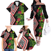 Aotearoa Tukutuku Motif Family Matching Off The Shoulder Long Sleeve Dress and Hawaiian Shirt Pohutukawa and Fern Leaves LT03 - Polynesian Pride