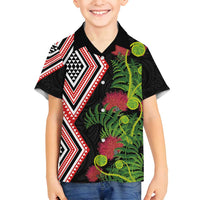 Aotearoa Tukutuku Motif Family Matching Off Shoulder Maxi Dress and Hawaiian Shirt Pohutukawa and Fern Leaves LT03 Son's Shirt Black - Polynesian Pride
