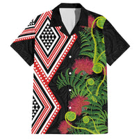 Aotearoa Tukutuku Motif Family Matching Short Sleeve Bodycon Dress and Hawaiian Shirt Pohutukawa and Fern Leaves LT03 Dad's Shirt - Short Sleeve Black - Polynesian Pride