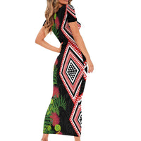 Aotearoa Tukutuku Motif Family Matching Short Sleeve Bodycon Dress and Hawaiian Shirt Pohutukawa and Fern Leaves LT03 - Polynesian Pride
