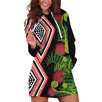 Aotearoa Tukutuku Motif Hoodie Dress Pohutukawa and Fern Leaves LT03 Black - Polynesian Pride