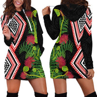 Aotearoa Tukutuku Motif Hoodie Dress Pohutukawa and Fern Leaves LT03 - Polynesian Pride