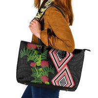 Aotearoa Tukutuku Motif Leather Tote Bag Pohutukawa and Fern Leaves LT03 Black - Polynesian Pride