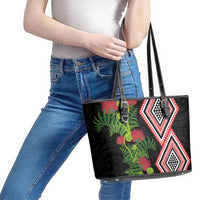 Aotearoa Tukutuku Motif Leather Tote Bag Pohutukawa and Fern Leaves LT03 - Polynesian Pride