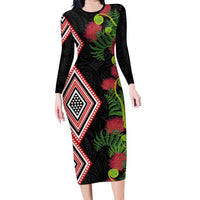 Aotearoa Tukutuku Motif Long Sleeve Bodycon Dress Pohutukawa and Fern Leaves LT03 Long Dress Black - Polynesian Pride
