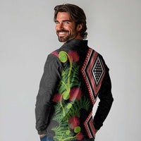 Aotearoa Tukutuku Motif Long Sleeve Polo Shirt Pohutukawa and Fern Leaves LT03 - Polynesian Pride