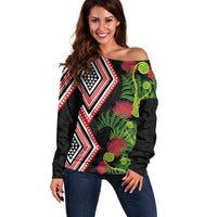 Aotearoa Tukutuku Motif Off Shoulder Sweater Pohutukawa and Fern Leaves LT03 Women Black - Polynesian Pride