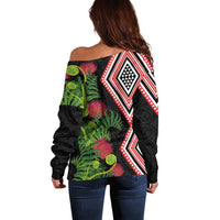 Aotearoa Tukutuku Motif Off Shoulder Sweater Pohutukawa and Fern Leaves LT03 - Polynesian Pride