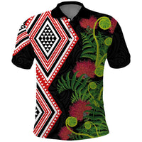 Aotearoa Tukutuku Motif Polo Shirt Pohutukawa and Fern Leaves LT03 Black - Polynesian Pride