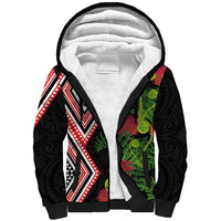 Aotearoa Tukutuku Motif Sherpa Hoodie Pohutukawa and Fern Leaves LT03 Unisex Black - Polynesian Pride
