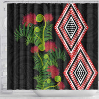 Aotearoa Tukutuku Motif Shower Curtain Pohutukawa and Fern Leaves LT03 - Polynesian Pride
