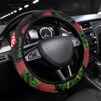 Aotearoa Tukutuku Motif Steering Wheel Cover Pohutukawa and Fern Leaves LT03 Universal Fit Black - Polynesian Pride