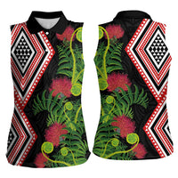 Aotearoa Tukutuku Motif Women Sleeveless Polo Shirt Pohutukawa and Fern Leaves LT03 - Polynesian Pride