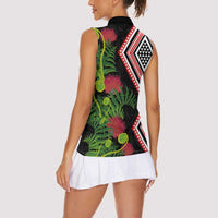 Aotearoa Tukutuku Motif Women Sleeveless Polo Shirt Pohutukawa and Fern Leaves LT03 - Polynesian Pride