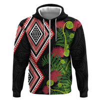 Aotearoa Tukutuku Motif Zip Hoodie Pohutukawa and Fern Leaves LT03 Zip Hoodie Black - Polynesian Pride