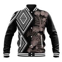 Aotearoa Tukutuku Motif Baseball Jacket Pohutukawa and Fern Leaves Grayscale Color LT03 Unisex Black - Polynesian Pride