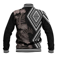 Aotearoa Tukutuku Motif Baseball Jacket Pohutukawa and Fern Leaves Grayscale Color LT03 - Polynesian Pride