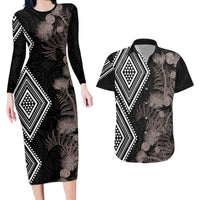 Aotearoa Tukutuku Motif Couples Matching Long Sleeve Bodycon Dress and Hawaiian Shirt Pohutukawa and Fern Leaves Grayscale Color LT03 Black - Polynesian Pride