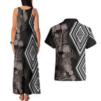 Aotearoa Tukutuku Motif Couples Matching Tank Maxi Dress and Hawaiian Shirt Pohutukawa and Fern Leaves Grayscale Color LT03 - Polynesian Pride