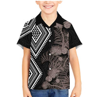 Aotearoa Tukutuku Motif Family Matching Mermaid Dress and Hawaiian Shirt Pohutukawa and Fern Leaves Grayscale Color LT03 Son's Shirt Black - Polynesian Pride