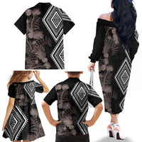Aotearoa Tukutuku Motif Family Matching Off The Shoulder Long Sleeve Dress and Hawaiian Shirt Pohutukawa and Fern Leaves Grayscale Color LT03 - Polynesian Pride