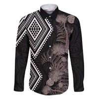 Aotearoa Tukutuku Motif Family Matching Off The Shoulder Long Sleeve Dress and Hawaiian Shirt Pohutukawa and Fern Leaves Grayscale Color LT03 Dad's Shirt - Long Sleeve Black - Polynesian Pride